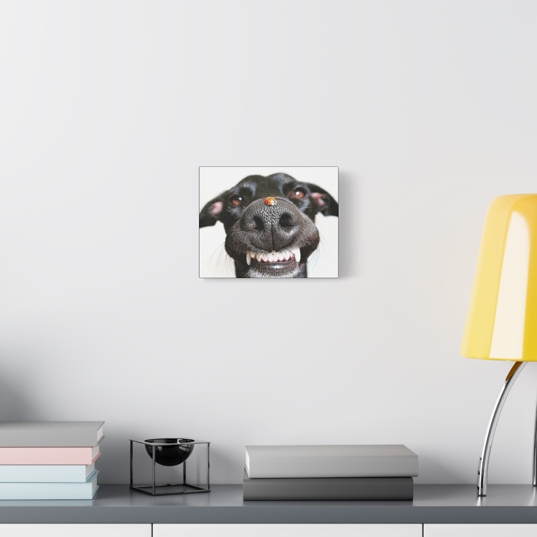 Canvas Smiling Black Dog Nose with Ladybug