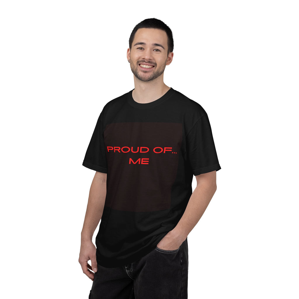 Proud Of Me T-Shirt | Minimal Black Square with Red Text