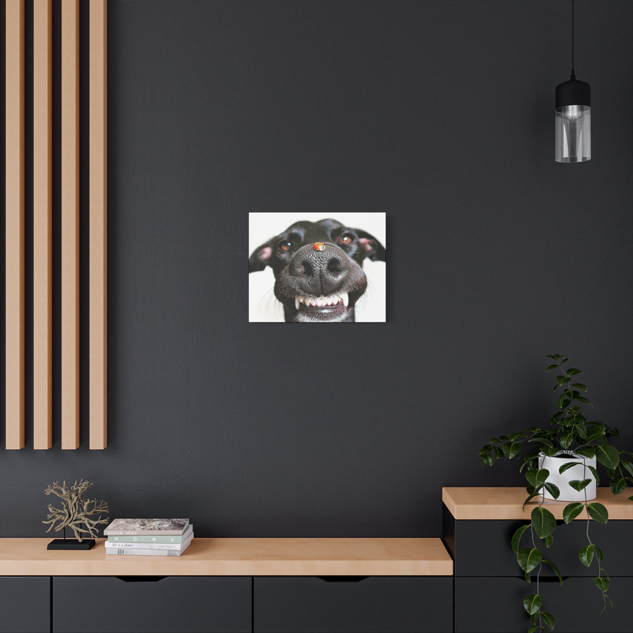 Canvas Smiling Black Dog Nose with Ladybug