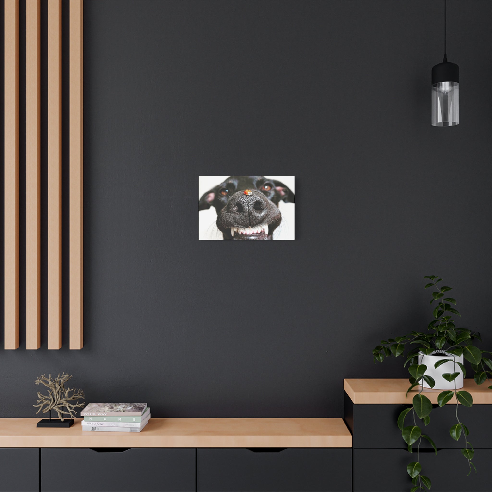 Canvas Smiling Black Dog Nose with Ladybug