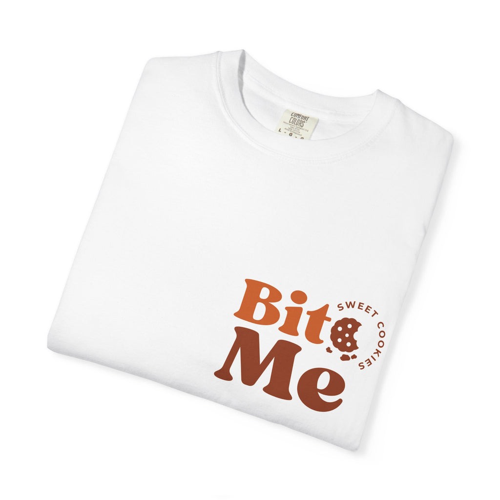 Bit Me Cookie graphic T-Shirt | Bite Me cookie design, retro brown text