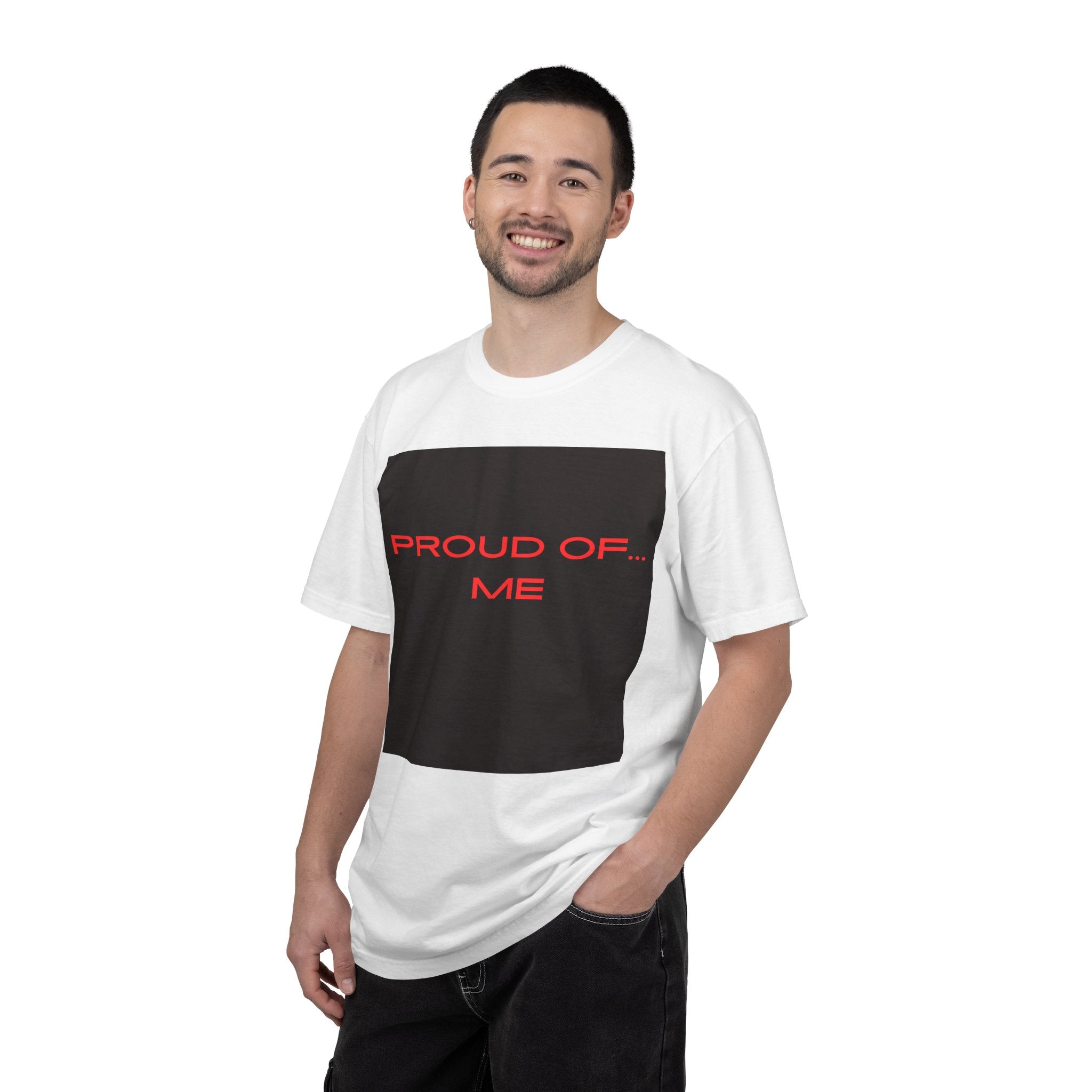 Proud Of Me T-Shirt | Minimal Black Square with Red Text