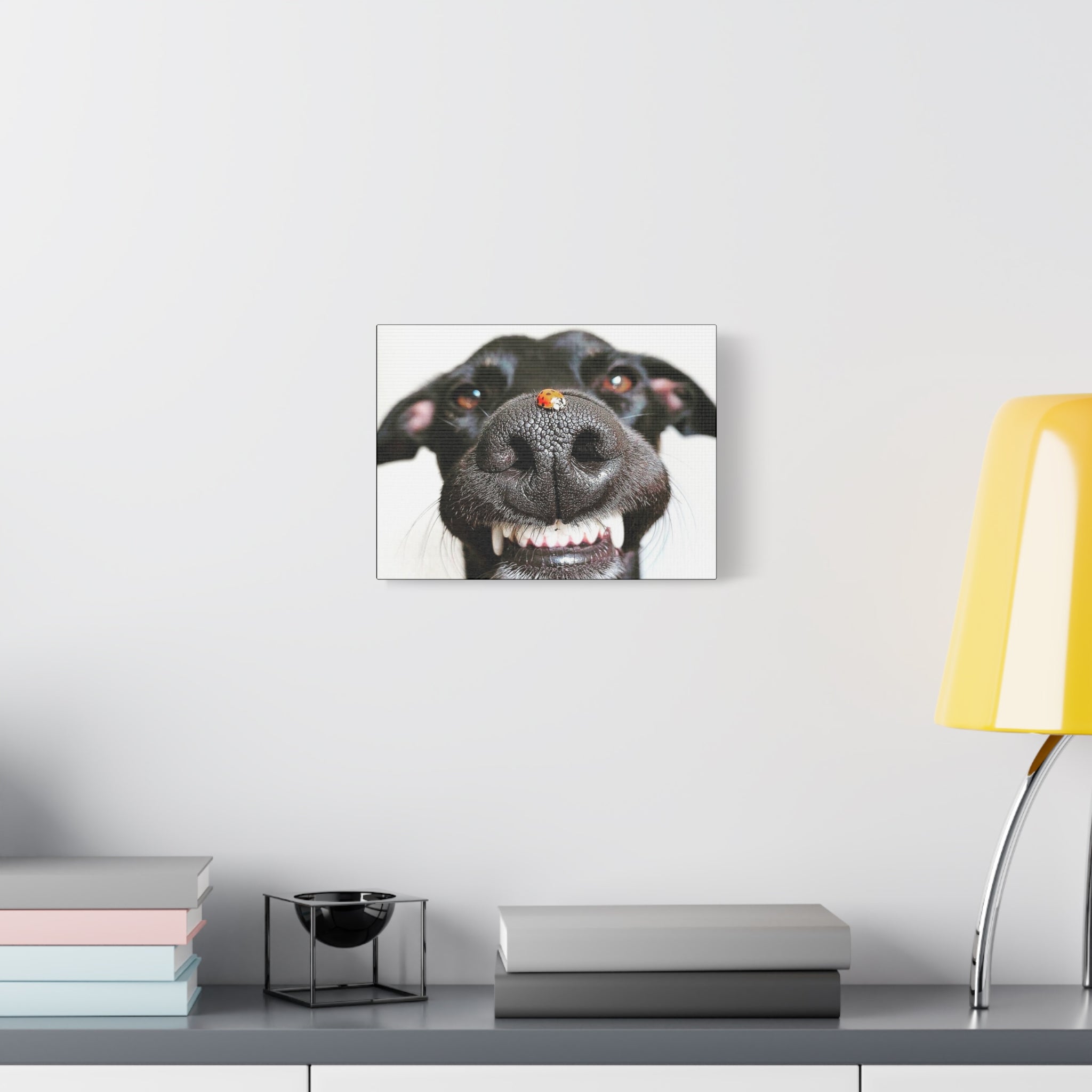 Canvas Smiling Black Dog Nose with Ladybug