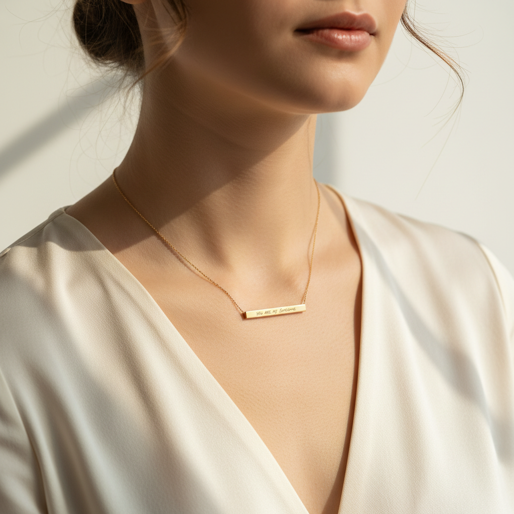Woman wearing hidden message sliding bar necklace in natural lighting