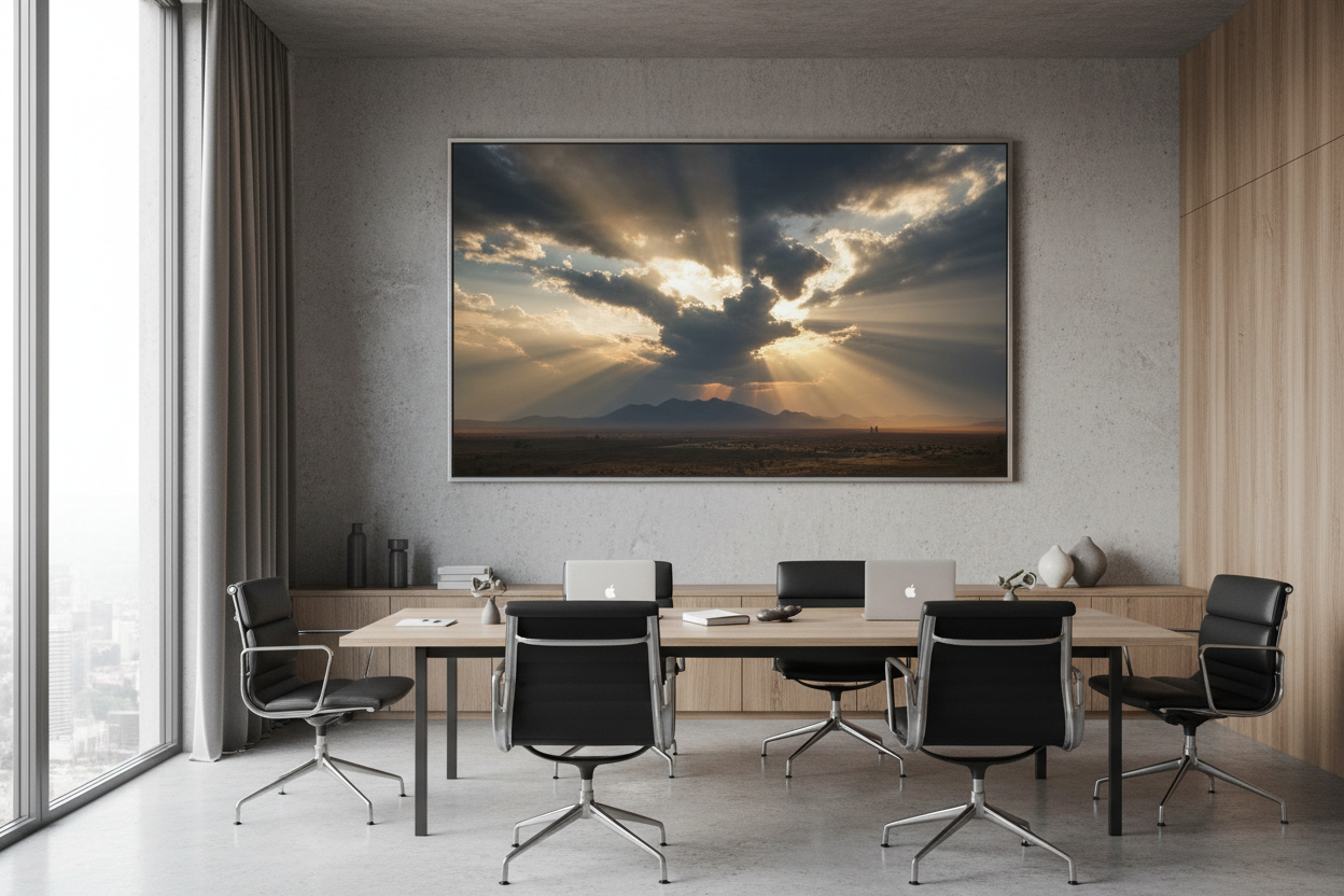 Dramatic sunlight through clouds canvas in modern office