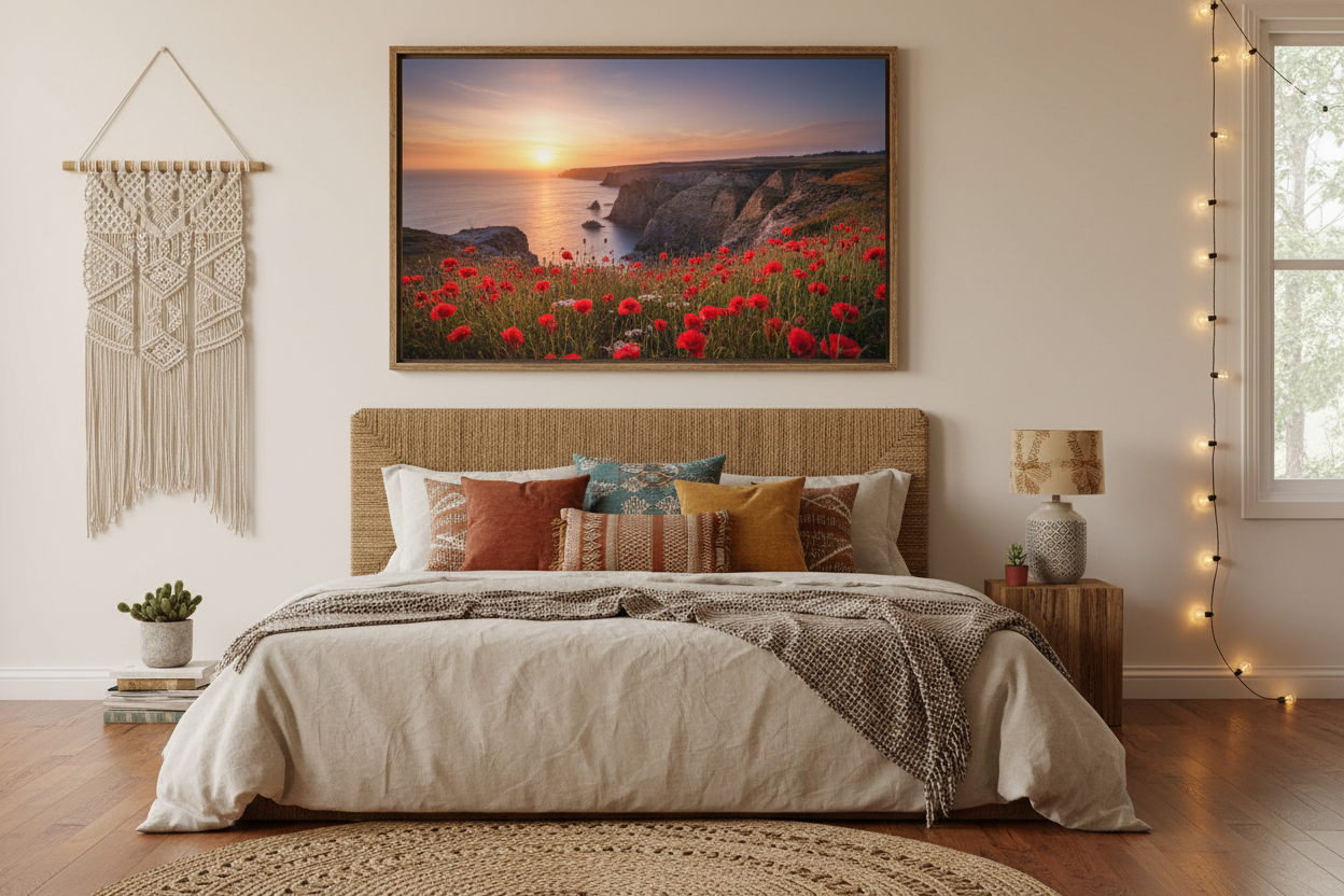 Sunset coastal canvas with wildflowers in cozy bedroom