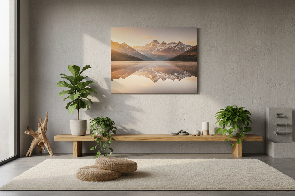 Mountain sunrise reflection canvas in serene meditation room