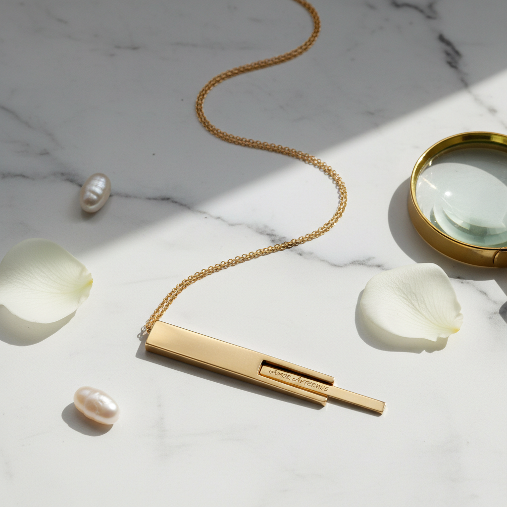Luxury sliding bar necklace flat lay on marble surface