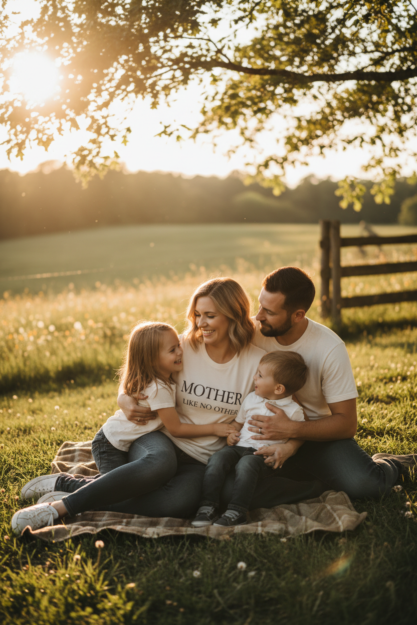 Mother wearing appreciation t-shirt with family in golden hour