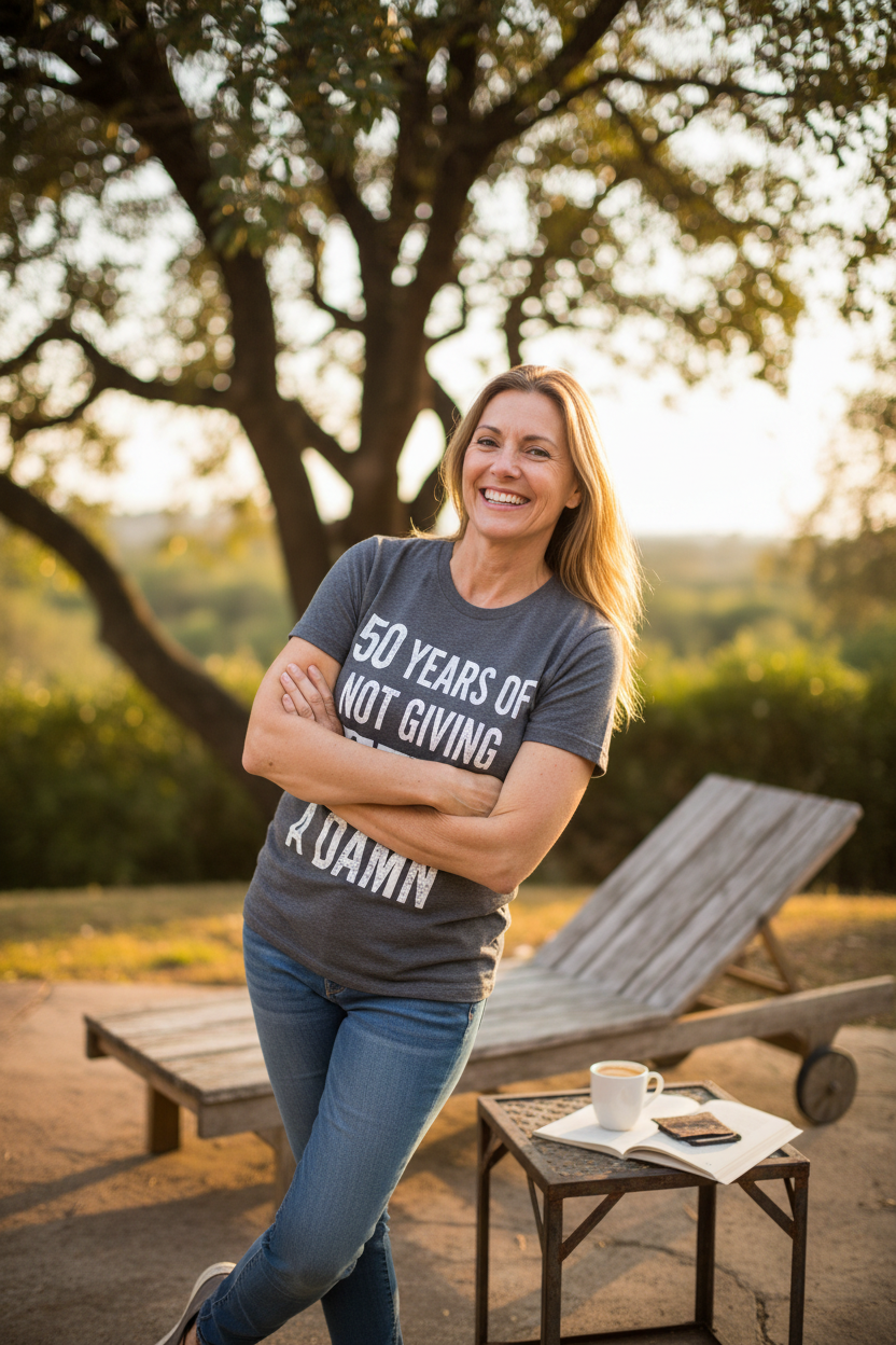 Person wearing funny 50 years t-shirt in casual outdoor setting
