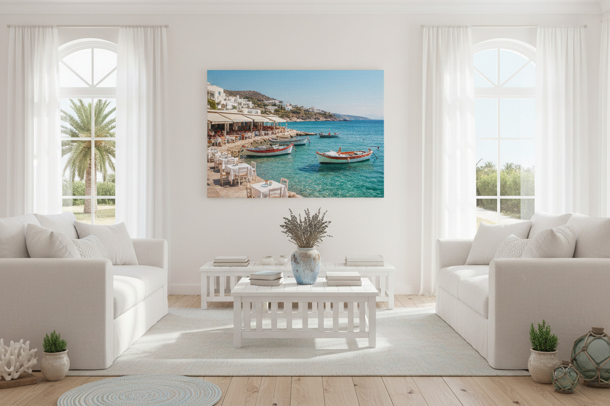 Mediterranean seaside cafe canvas in coastal-style room
