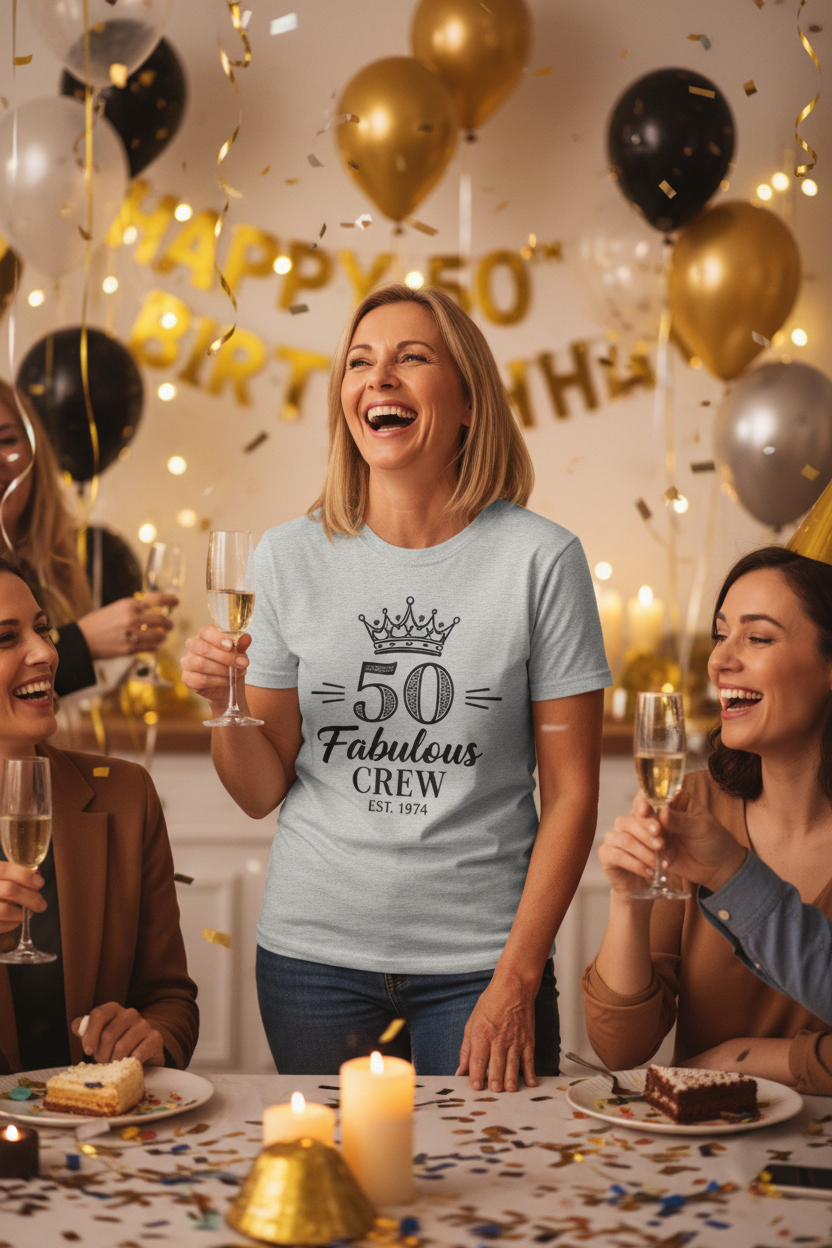 Person wearing personalized 50th birthday t-shirt at celebration