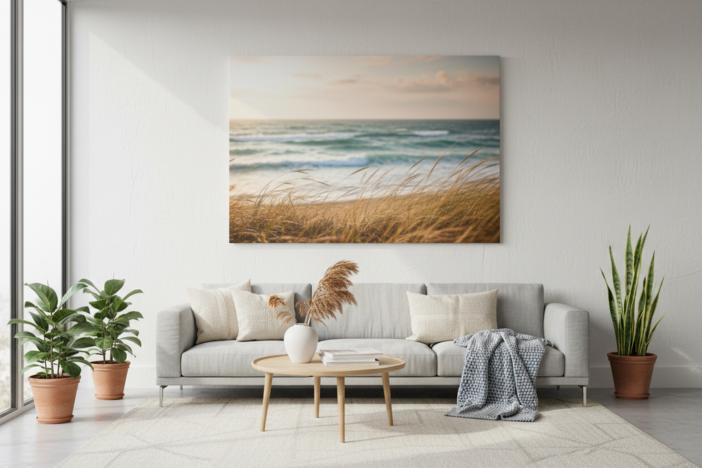 Coastal journey canvas wall art in modern minimalist living room