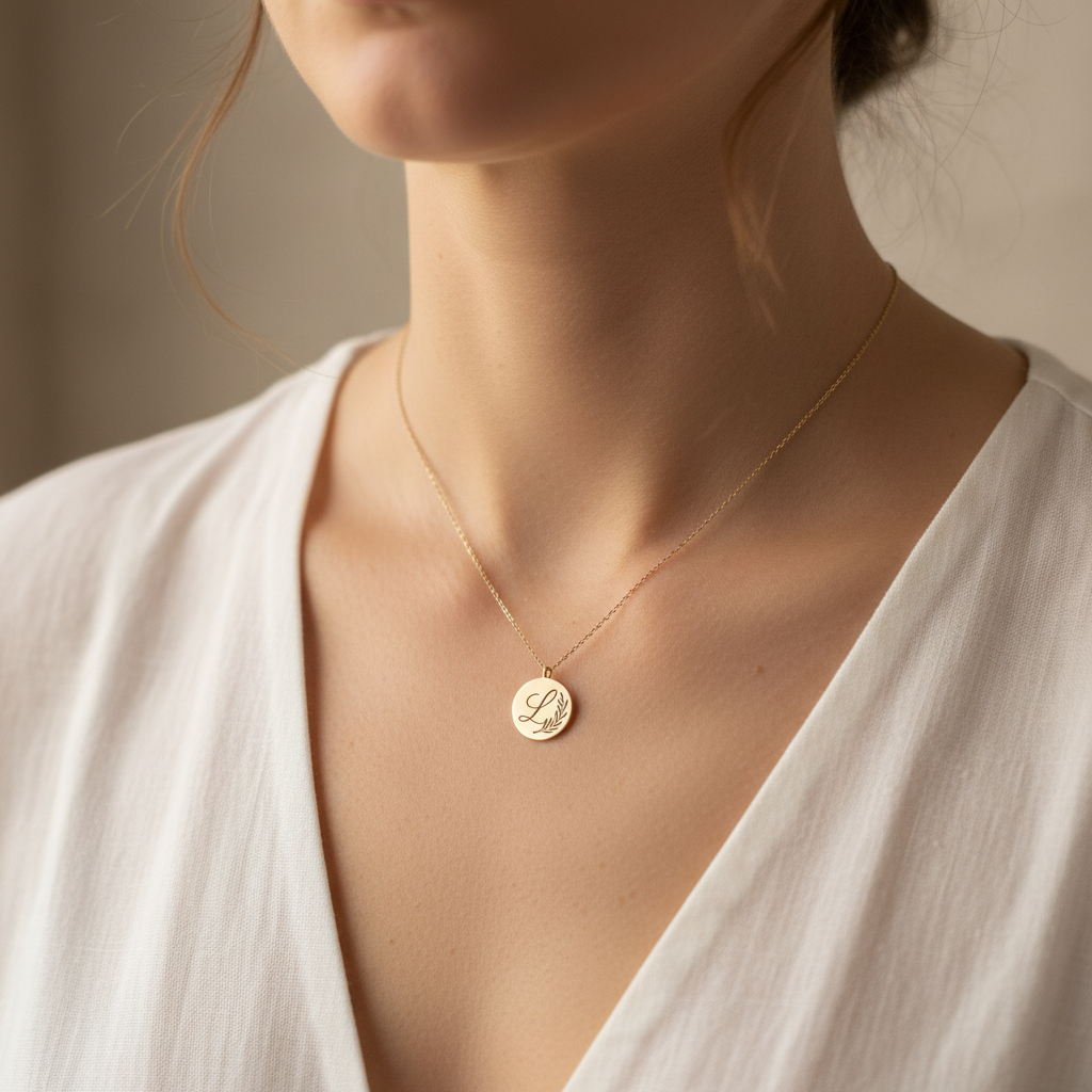 Elegant mini circle necklace with engraving worn by woman